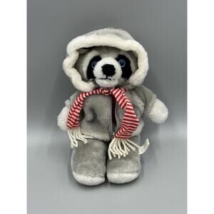Vintage Interpur Plush Stuffed Raccoon Gray Zip Hoodie Red White Striped Scarf